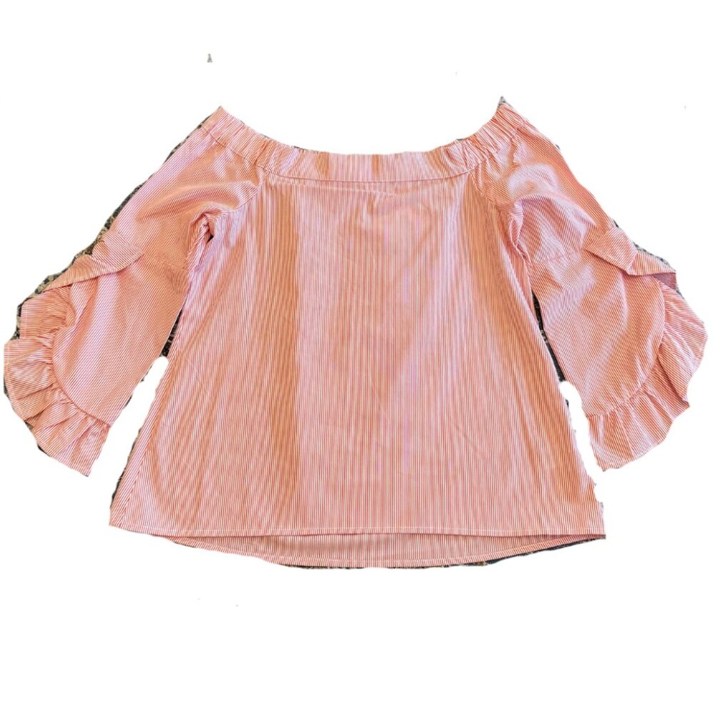 Cupio Off Shoulder Orange Stripe Ruffle Sleeve Top, Size XS NWT